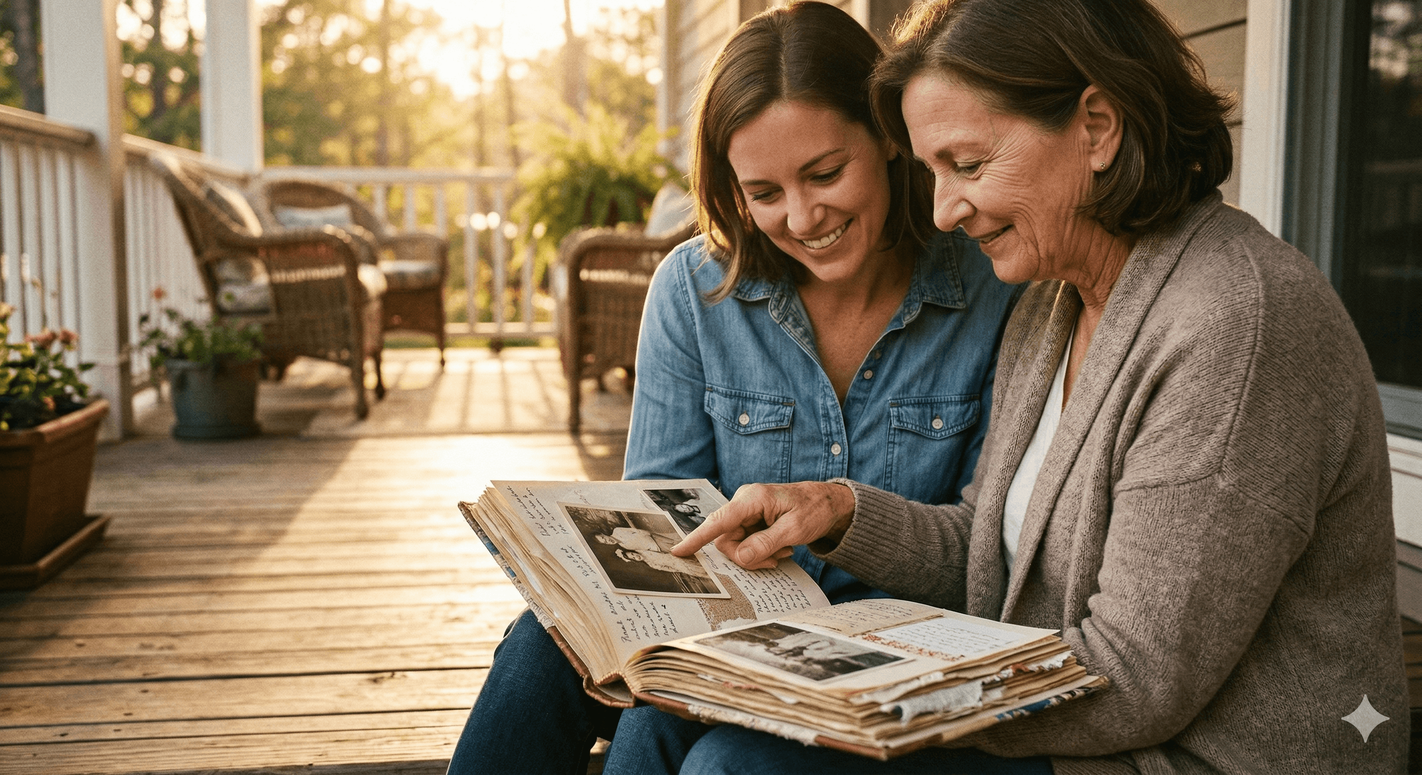 A mother and daughter looking through a memory book together on a sunlit porch